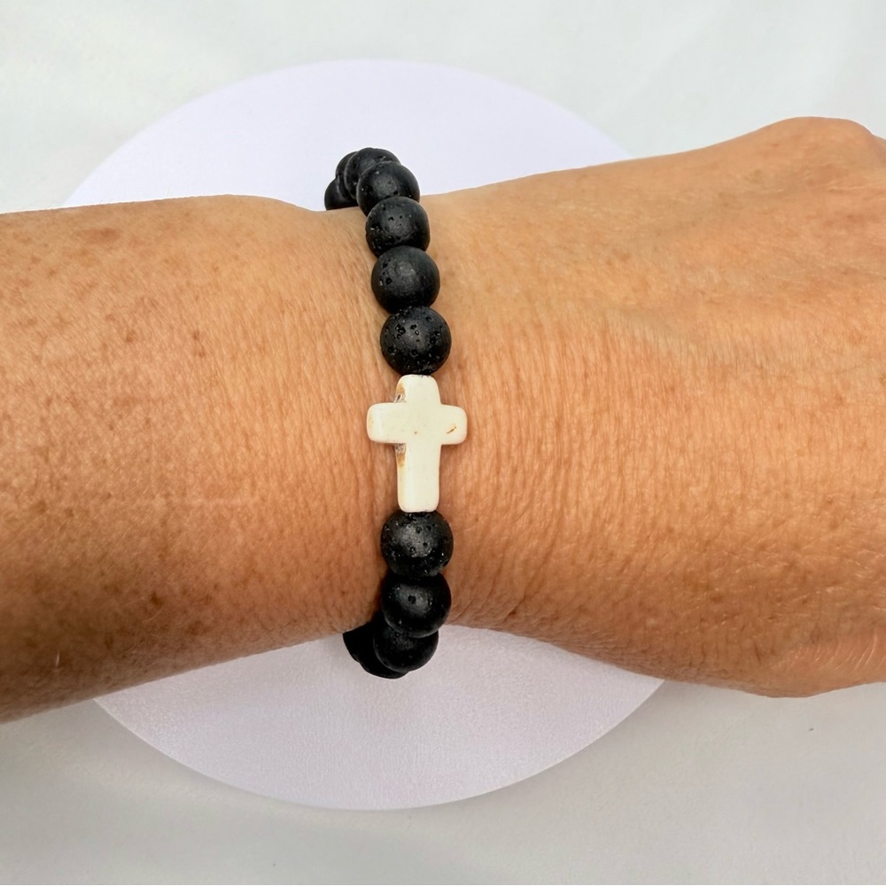 Black Beaded Bracelet w/ White Cross